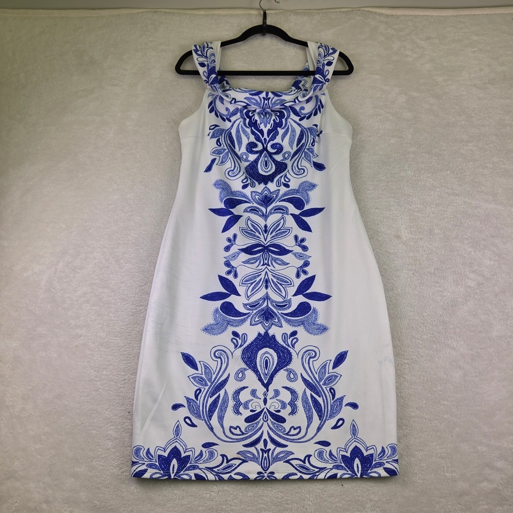 Bisou Bisou Michele Bohbot Blue White Damask Paisley Portrait Neck Dress 14